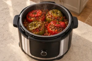 Four finished beef-stuffed bell peppers in the exact Ninja Foodi FD401 after eight hours on low