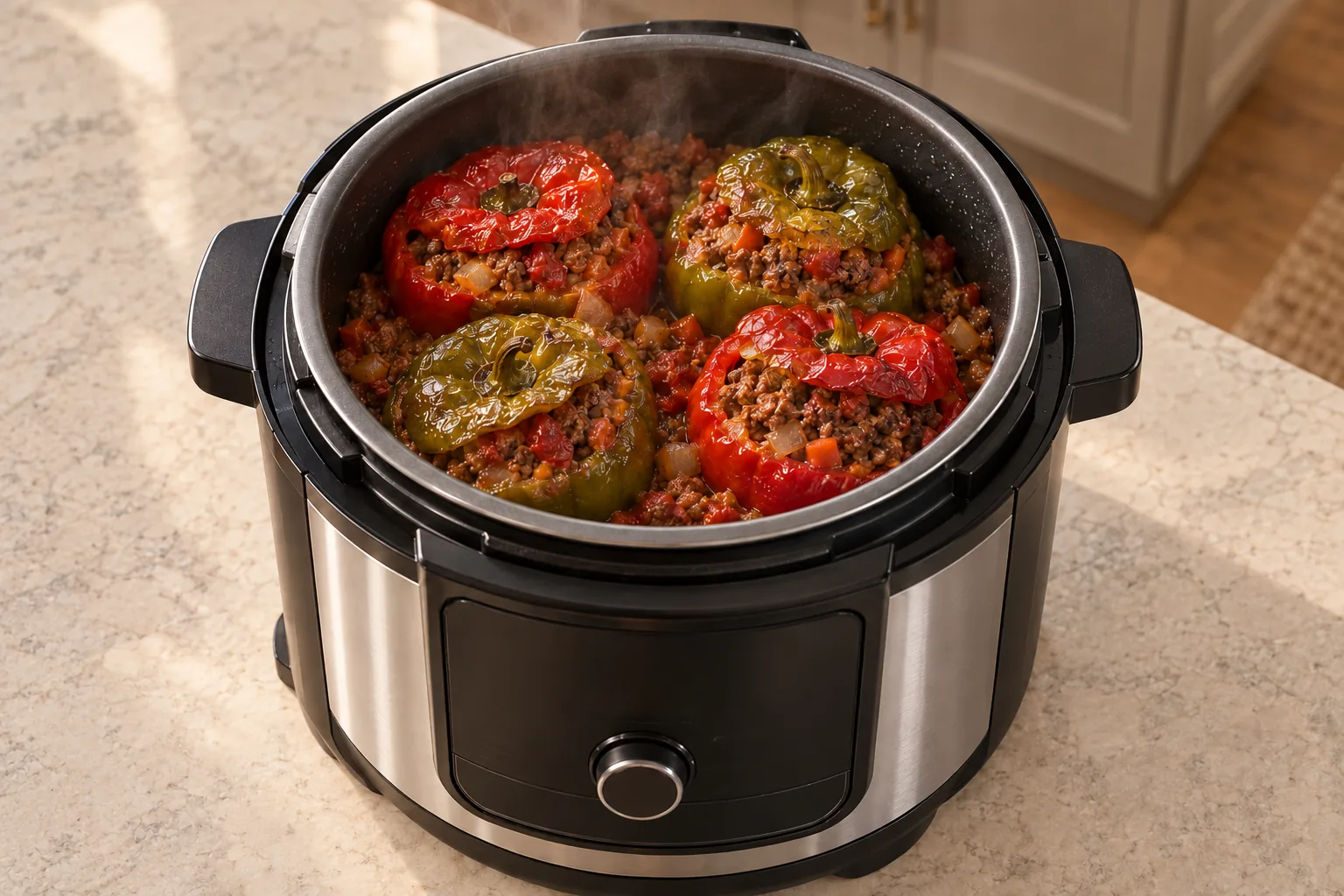 Four finished beef-stuffed bell peppers in the exact Ninja Foodi FD401 after eight hours on low
