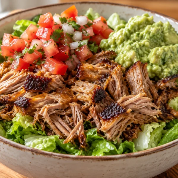 Slow cooker carnitas salad bowl with pulled pork, pico de gallo, and guacamole