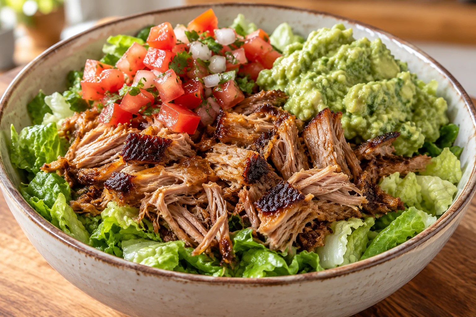 Slow cooker carnitas salad bowl with lettuce, pico de gallo, and guacamole
