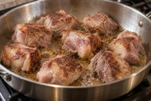 Large pork shoulder chunks browning in an uncrowded stainless-steel skillet