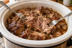 Fork-tender carnitas pork separating in homemade meat stock in a slow cooker