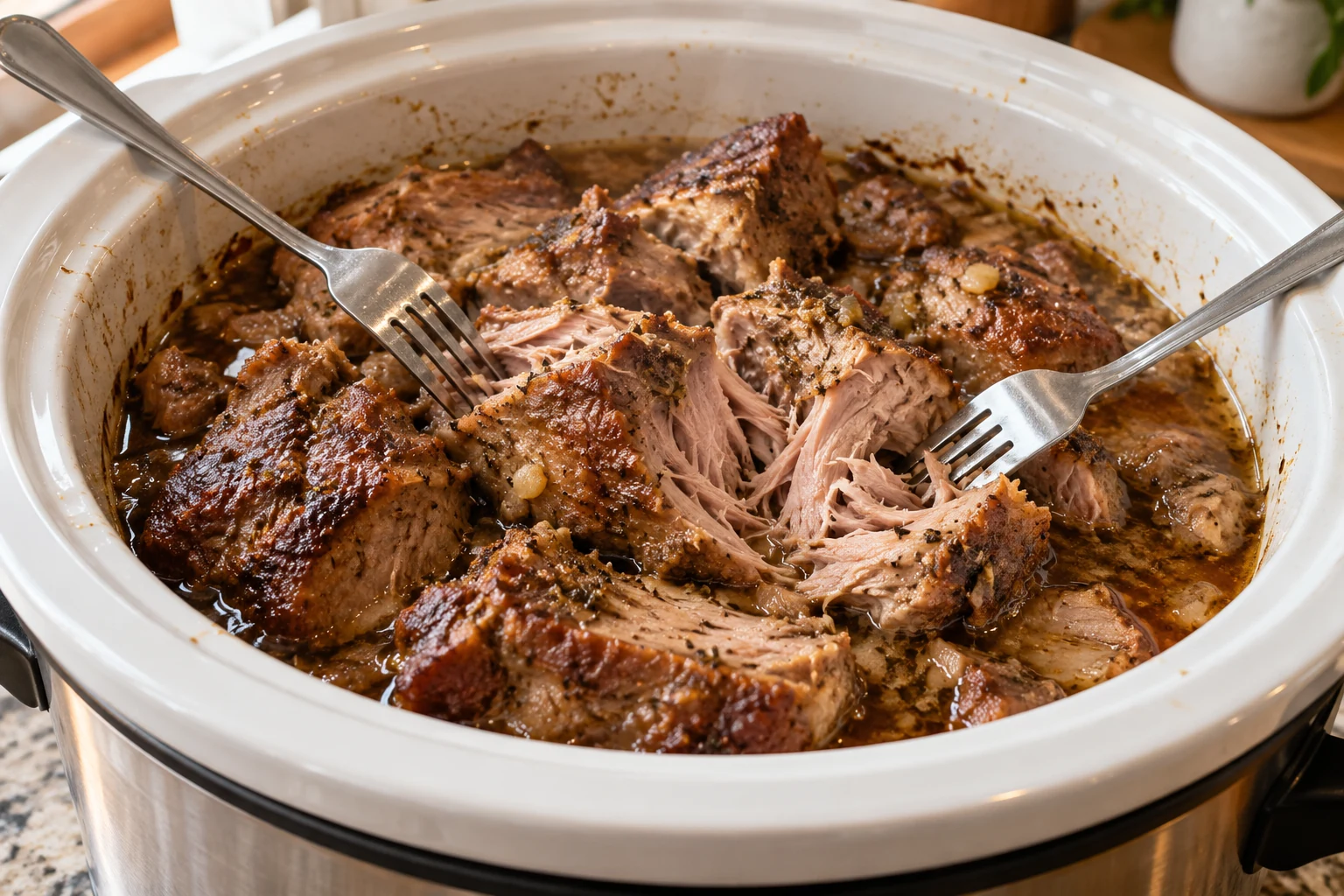 Fork-tender pork shoulder in a ceramic slow cooker insert