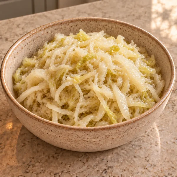 Small batch sauerkraut with pale moist cabbage ribbons in a ceramic bowl