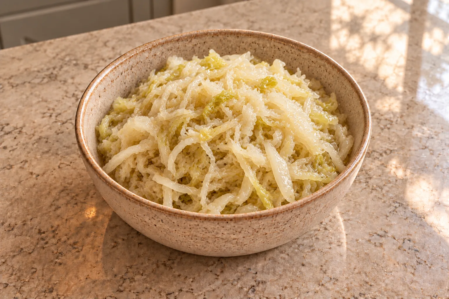 Small batch sauerkraut with pale moist cabbage ribbons in a ceramic bowl