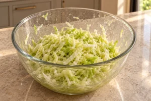 Salted cabbage after kneading, with juice and wet shreds against the glass mixing bowl