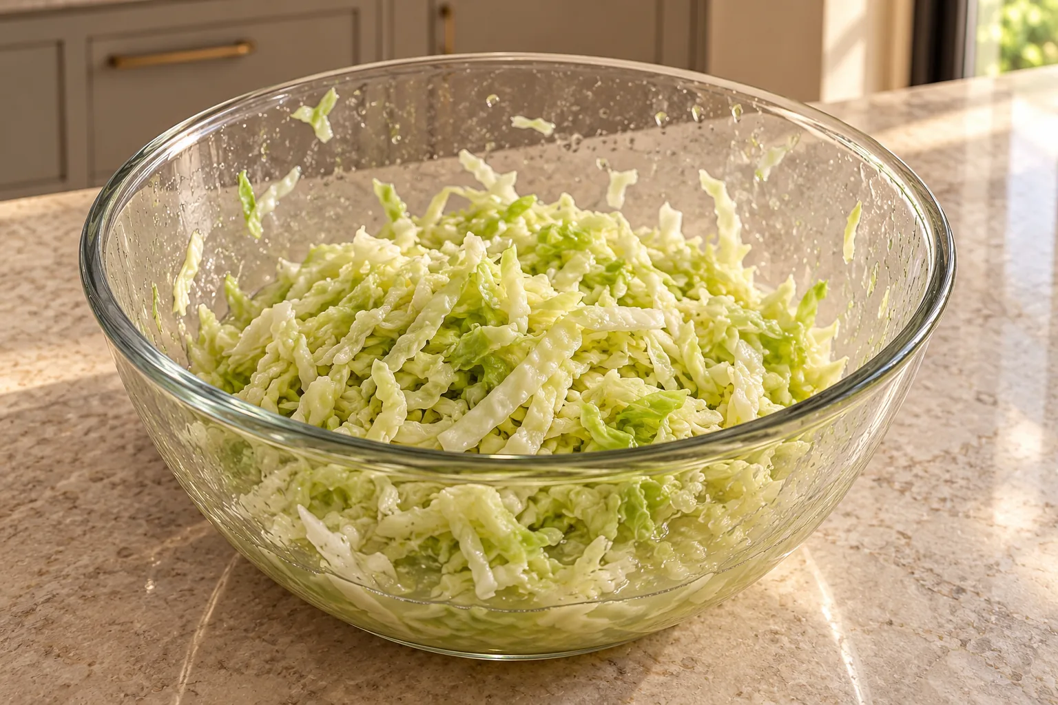 Salted cabbage after kneading, with juice and wet shreds against the glass mixing bowl