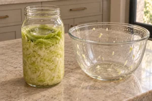 Small batch sauerkraut pressed below brine in a quart jar beside the used mixing bowl