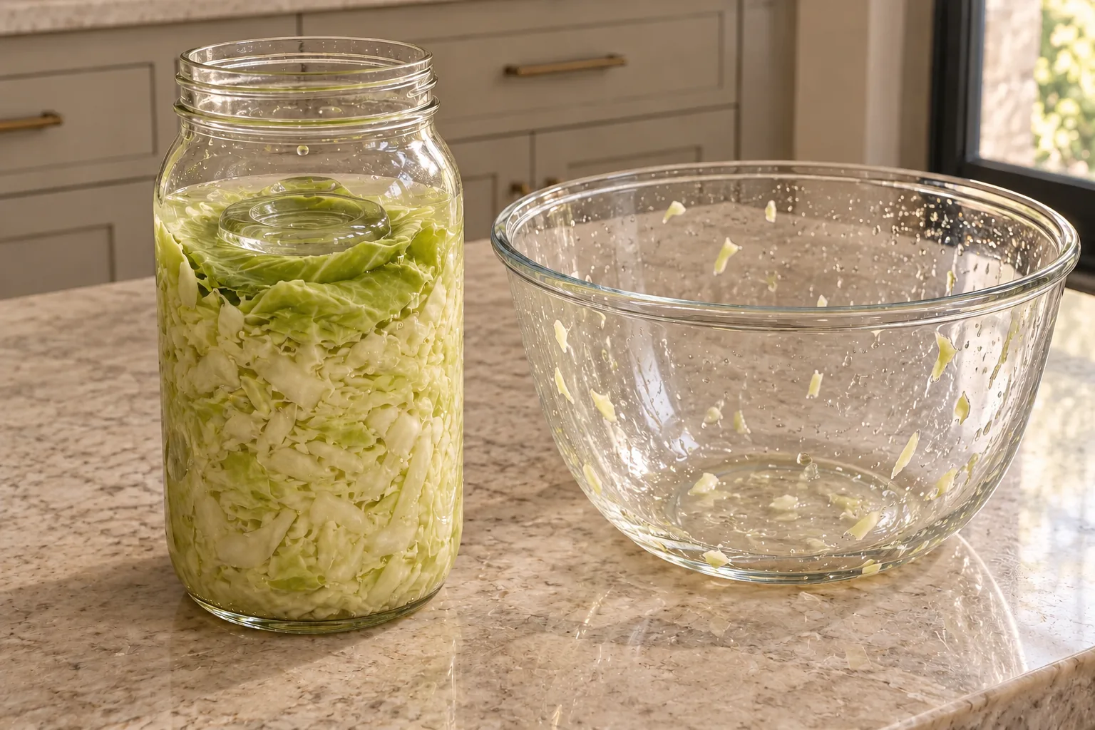 Small batch sauerkraut pressed below brine in a quart jar beside the used mixing bowl