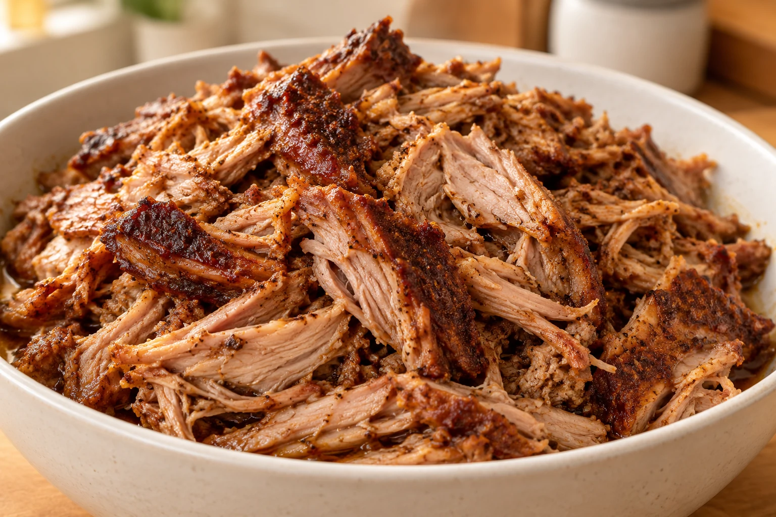 Spice-rubbed crock pot pork shoulder shredded into moist strands