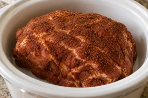 Raw pork shoulder coated in dry ancho-chile spice rub in a slow cooker