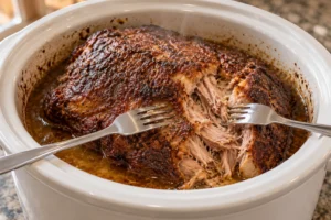 Fork-tender whole spice-rub pork shoulder separating in its rendered juices