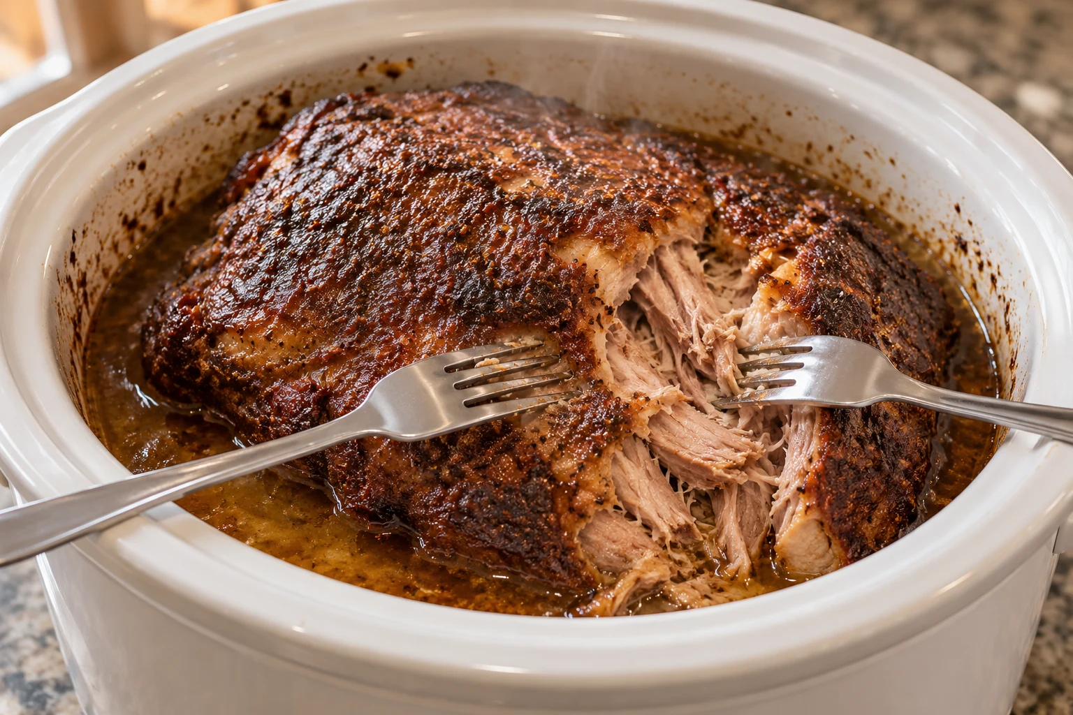 Whole fork-tender pork shoulder in a ceramic slow cooker insert