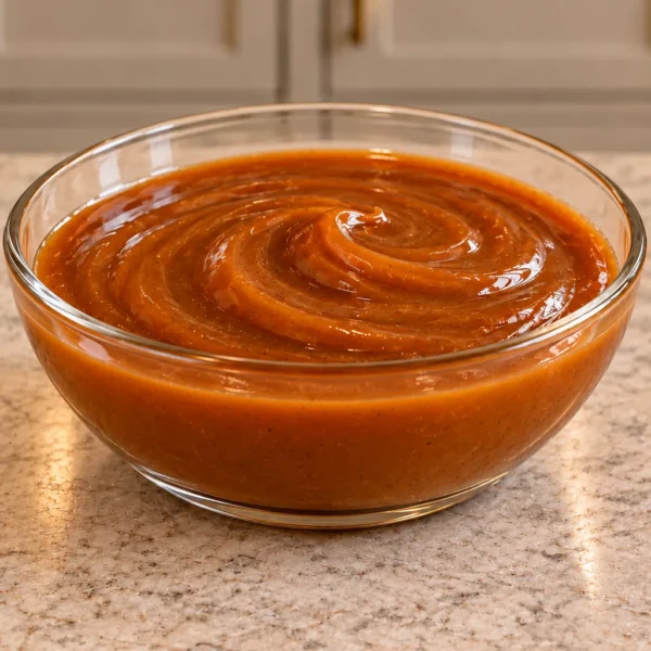 Thick spiced honey caramel in a clear glass bowl