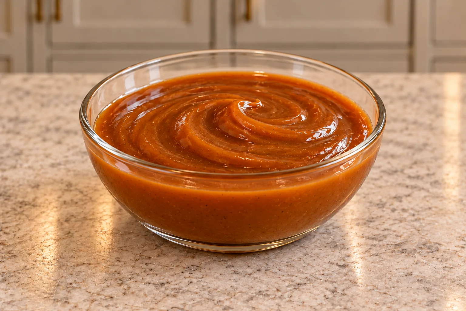 Thick spiced honey caramel in a clear glass bowl