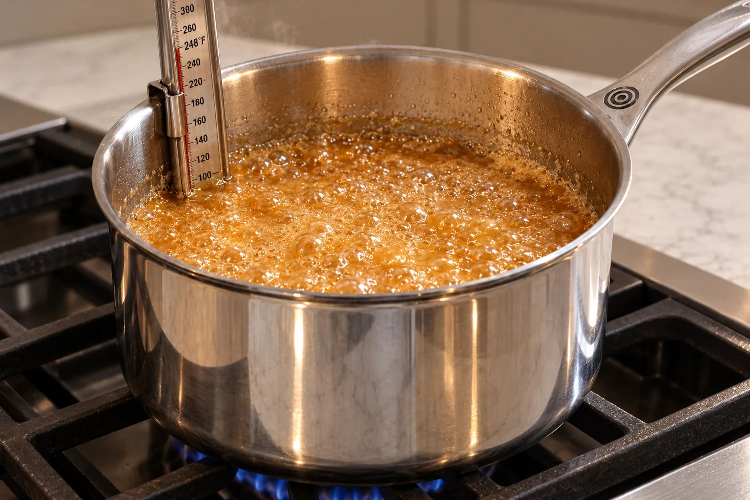Honey caramel boiling near 248 degrees in a stainless saucepan with a clipped thermometer