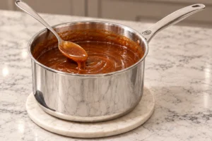 Thick amber caramel leaving a slow spoon trail in a stainless saucepan off heat