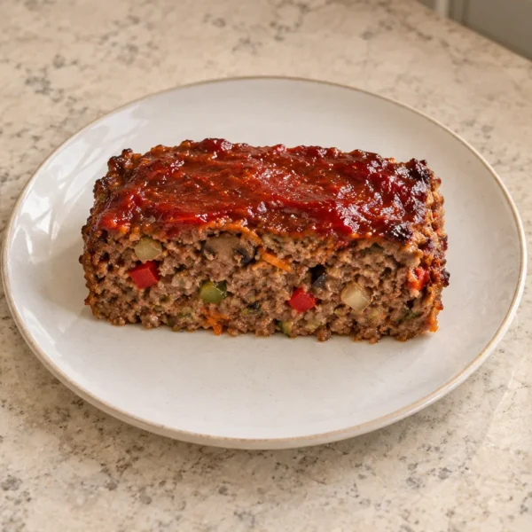 A slice of spicy beef and vegetable meatloaf with baked honey tomato glaze for Full GAPS