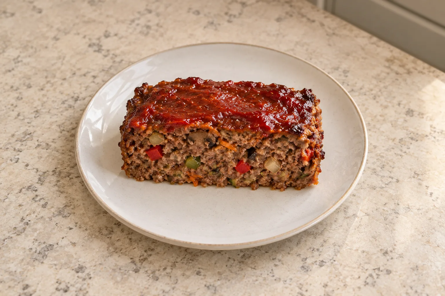 A slice of spicy beef and vegetable meatloaf with baked honey tomato glaze for Full GAPS