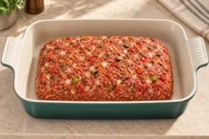 Raw beef and vegetable meatloaf shaped evenly in an Artichaut baking dish before glazing