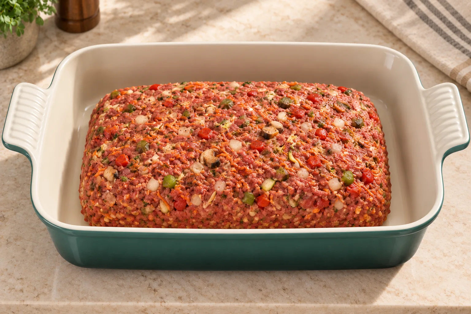 Raw beef and vegetable meatloaf shaped evenly in an Artichaut baking dish before glazing