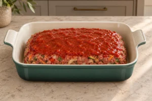 Raw vegetable beef meatloaf coated with honey tomato glaze in an Artichaut baking dish before baking