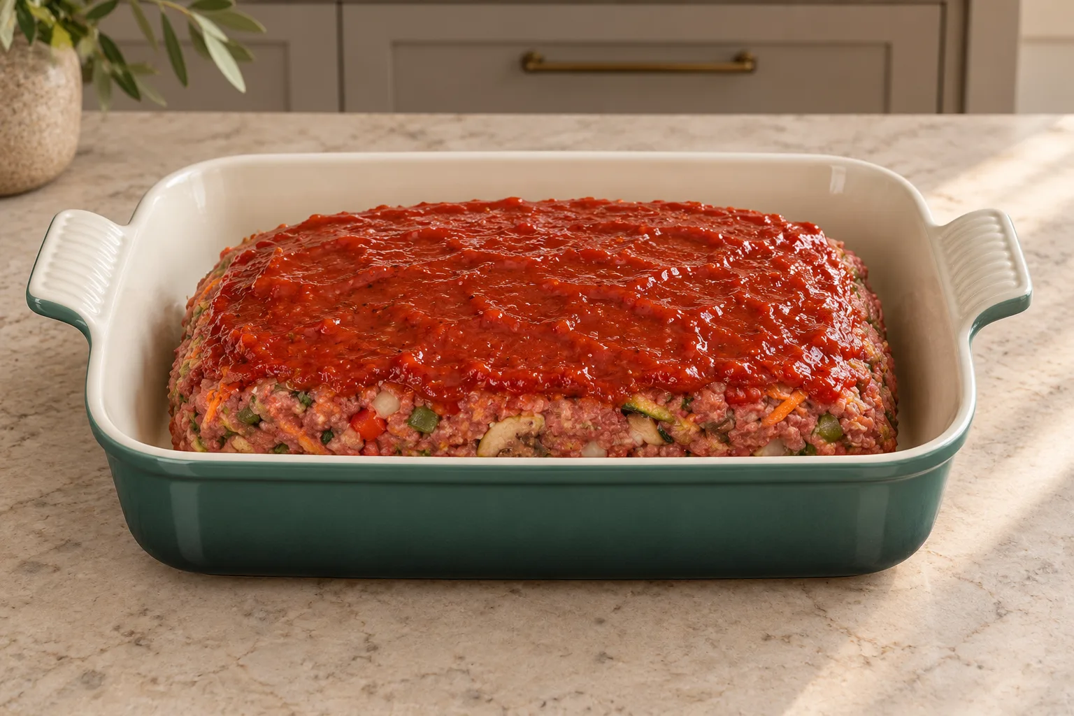 Raw vegetable beef meatloaf coated with honey tomato glaze in an Artichaut baking dish before baking