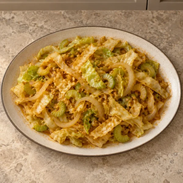 Spicy cabbage ribbons with onion, celery and coconut cream for Full GAPS