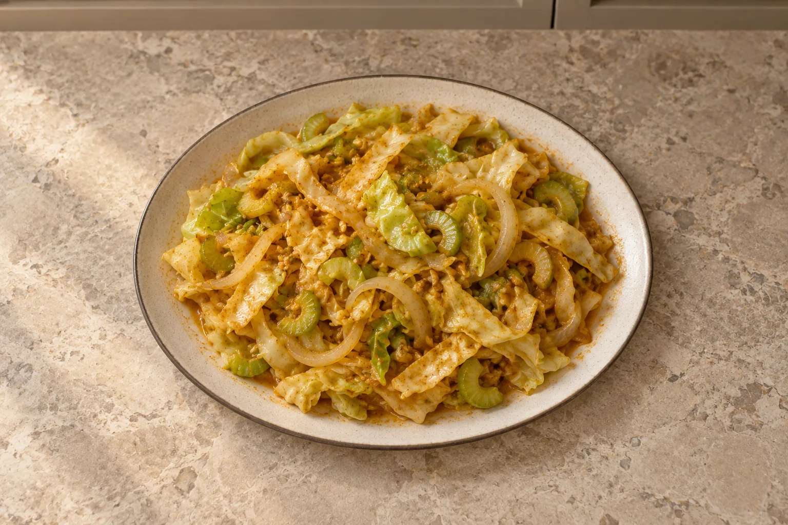 Spicy cabbage ribbons with onion, celery and coconut cream for Full GAPS