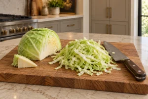 Green cabbage cut into quarter-inch ribbons for Full GAPS cabbage noodles