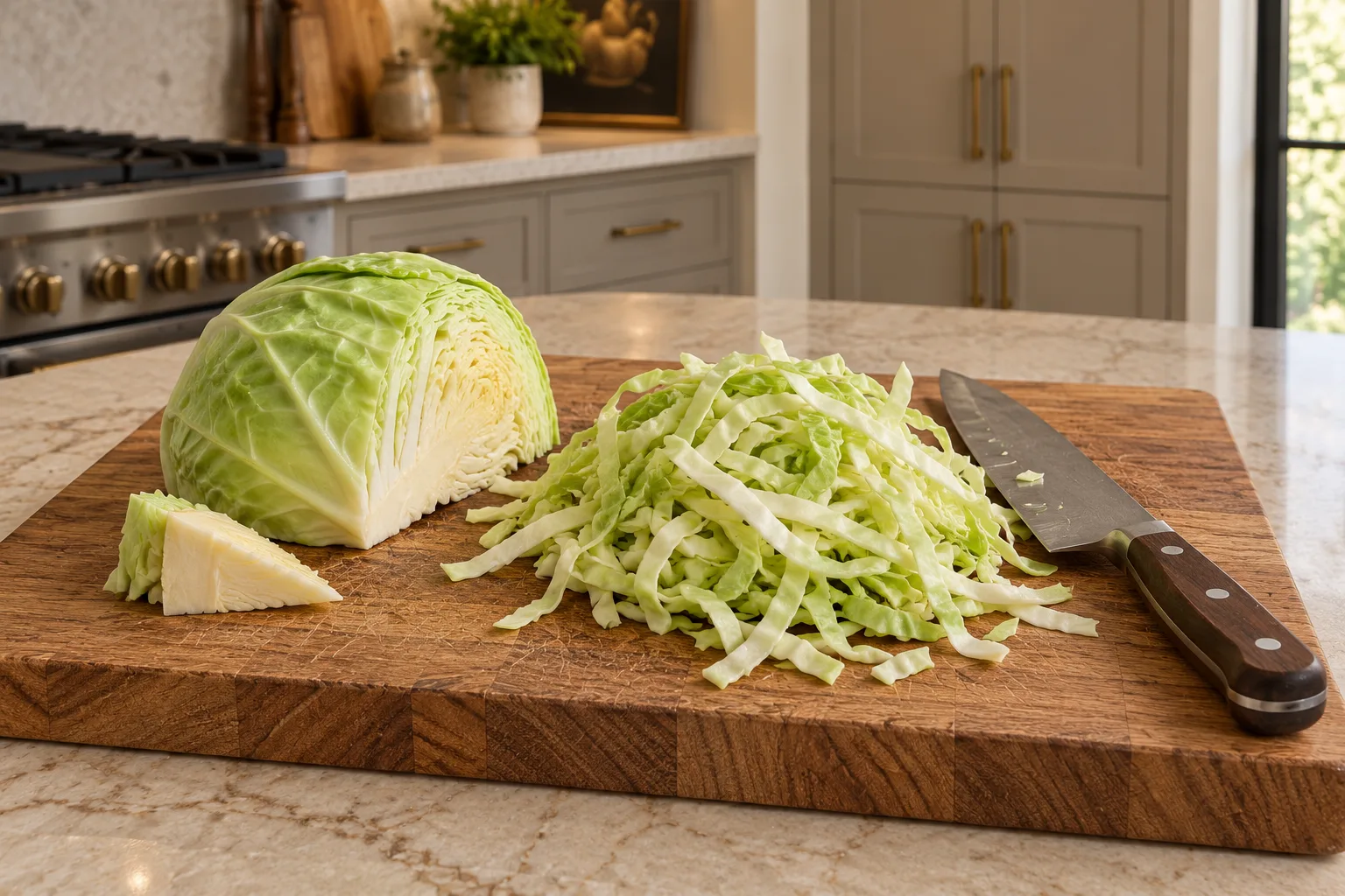 Green cabbage cut into quarter-inch ribbons for Full GAPS cabbage noodles