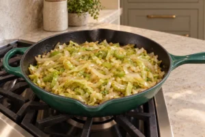 Cabbage, onion and celery softening in an Artichaut skillet before coconut cream is added