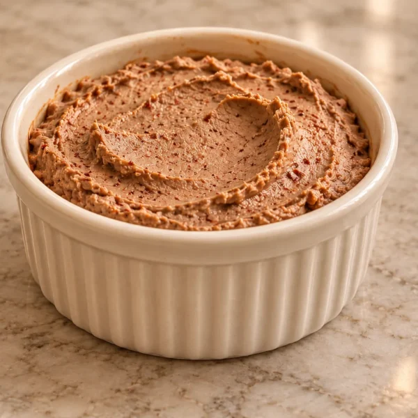 Smooth spicy chicken liver pate in a cream ramekin