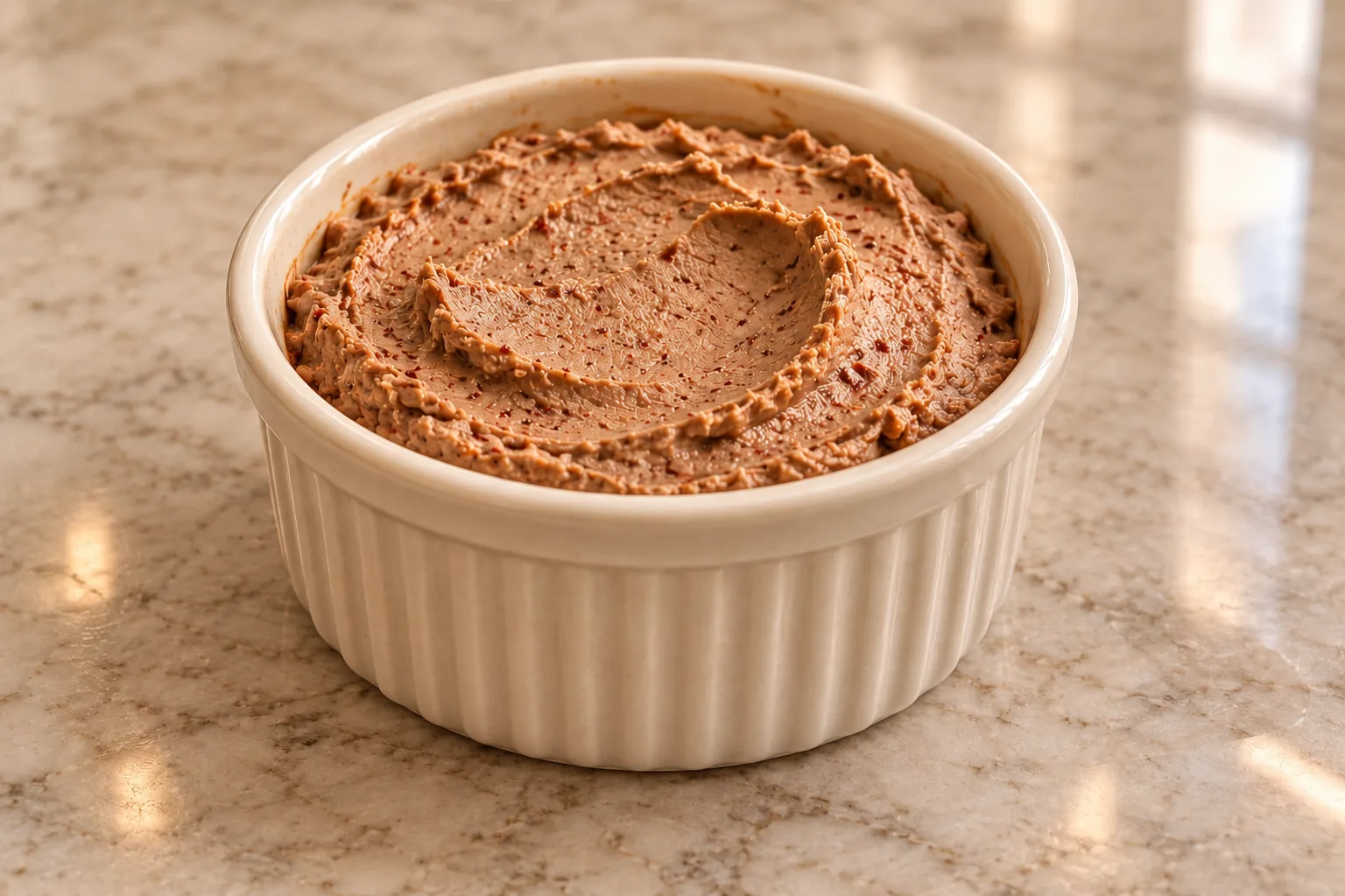 Smooth spicy chicken liver pate in a cream ramekin