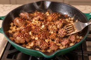 Chicken livers cooking with onion, garlic, and red chile in an Artichaut skillet