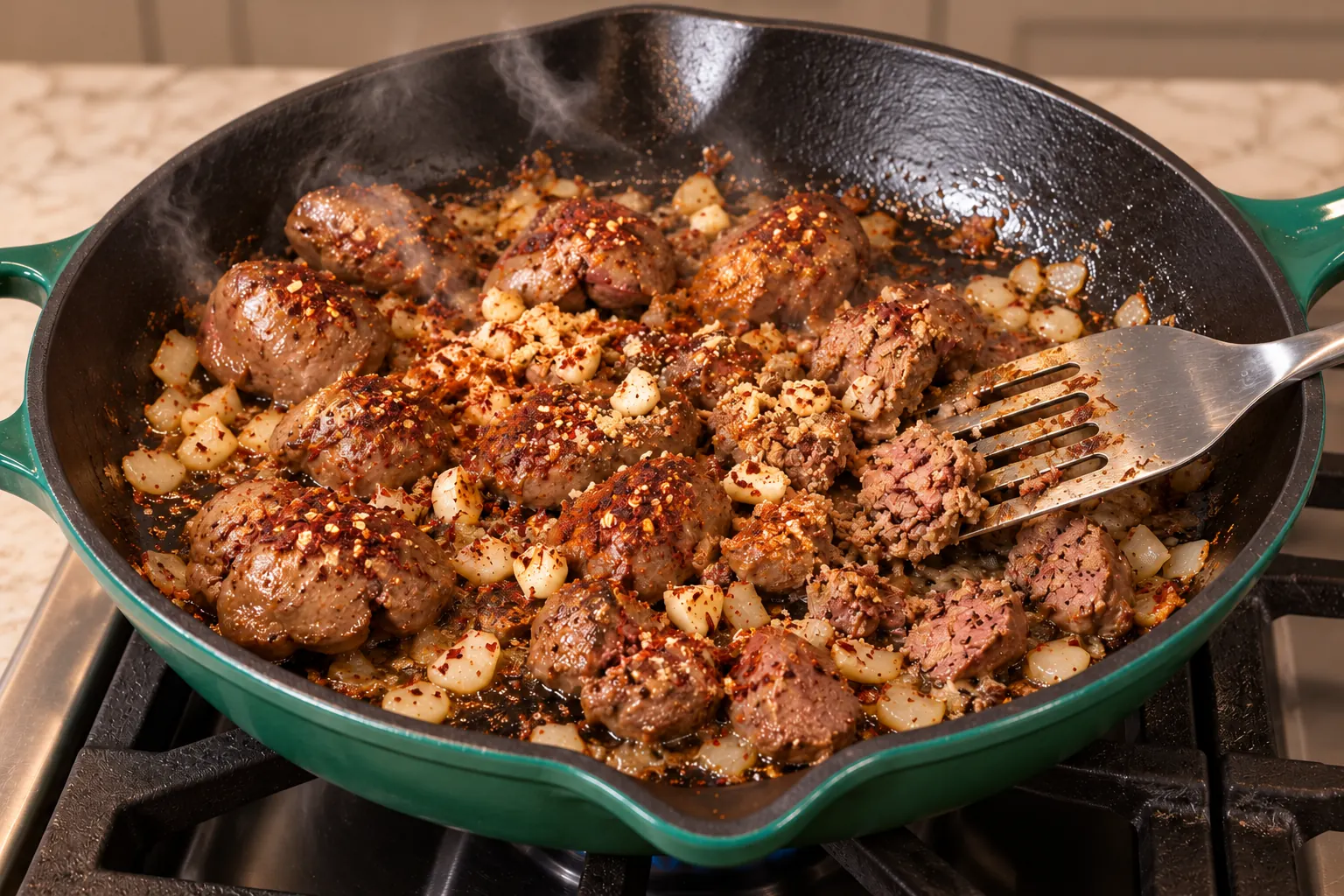 Chicken livers cooking with onion, garlic, and red chile in an Artichaut skillet
