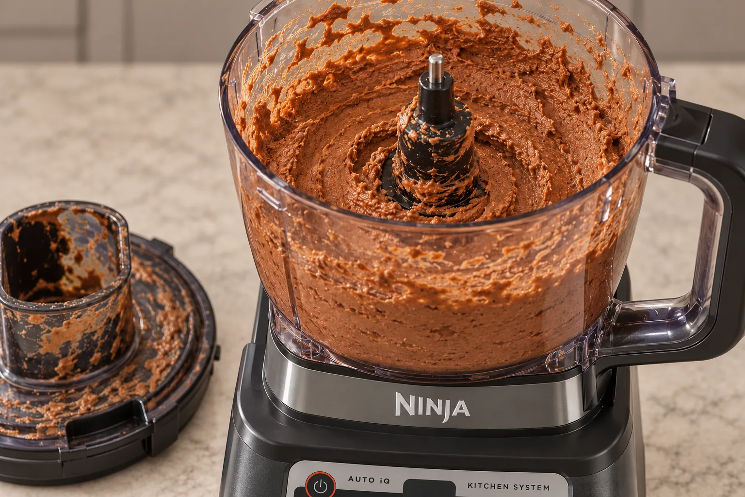 Smooth chicken liver pate coating a true-scale Ninja BN801 processor bowl and blade