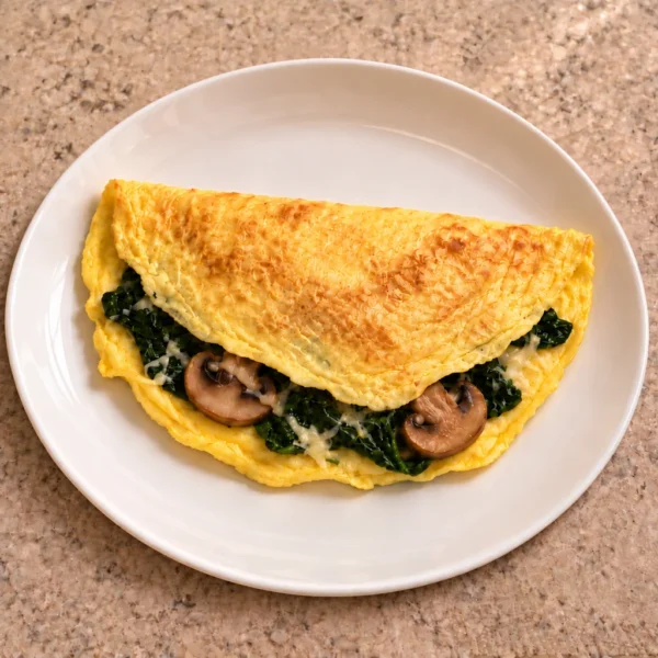 Spinach mushroom Parmesan omelette for Full GAPS, folded on a cream plate