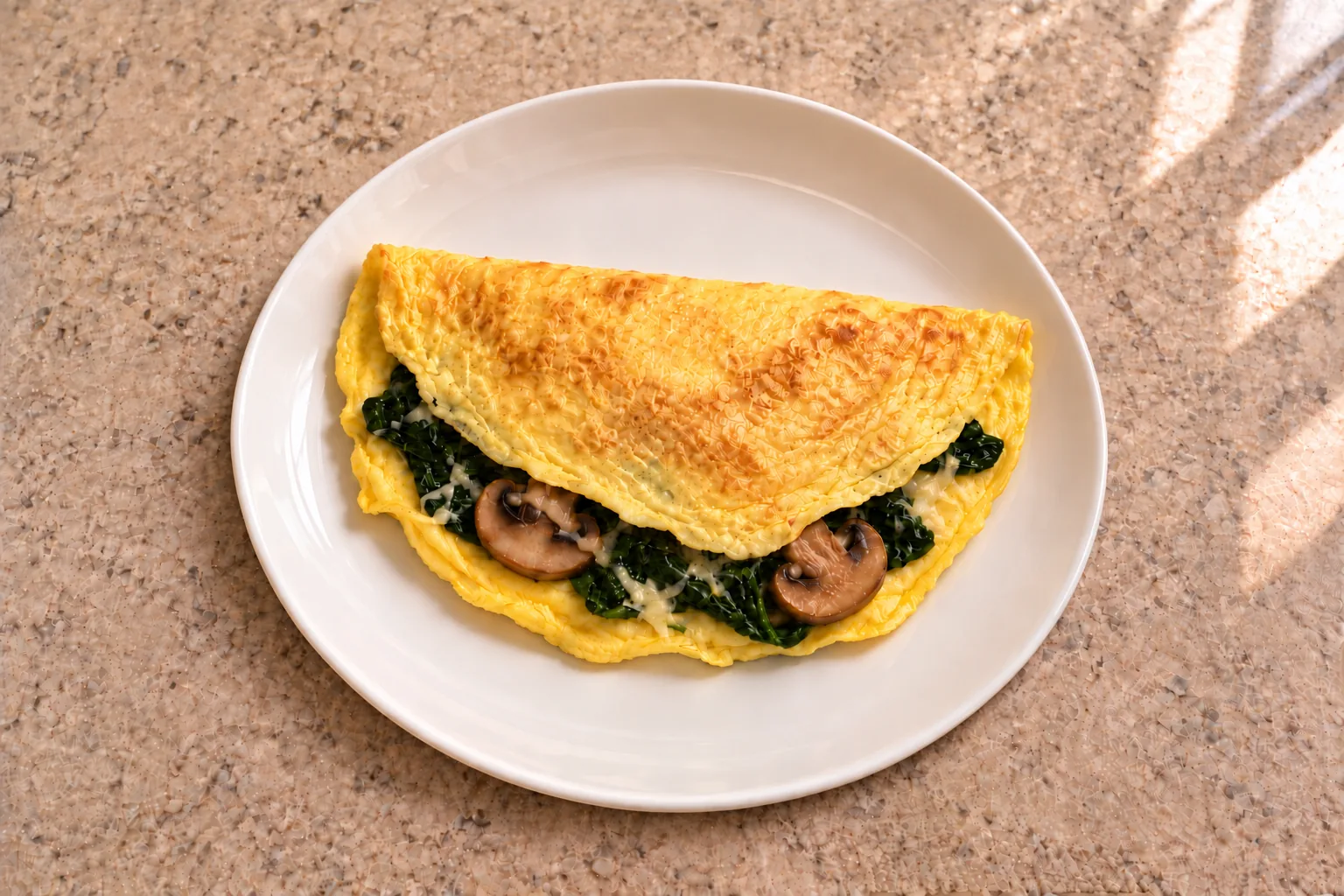 Spinach mushroom Parmesan omelette for Full GAPS, folded on a cream plate