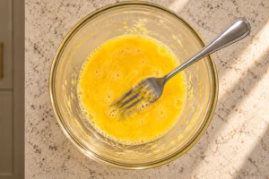 Two lightly beaten eggs with an egg-coated fork and bowl ready for a Full GAPS omelette