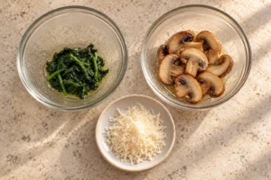 Wilted spinach, two cooked mushrooms and grated Parmesan ready for a Full GAPS omelette