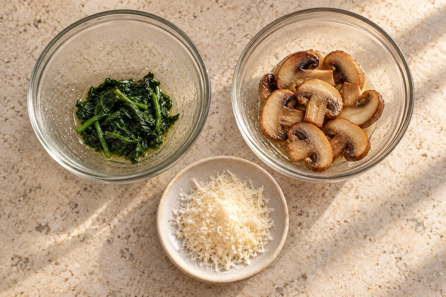 Wilted spinach, two cooked mushrooms and grated Parmesan ready for a Full GAPS omelette