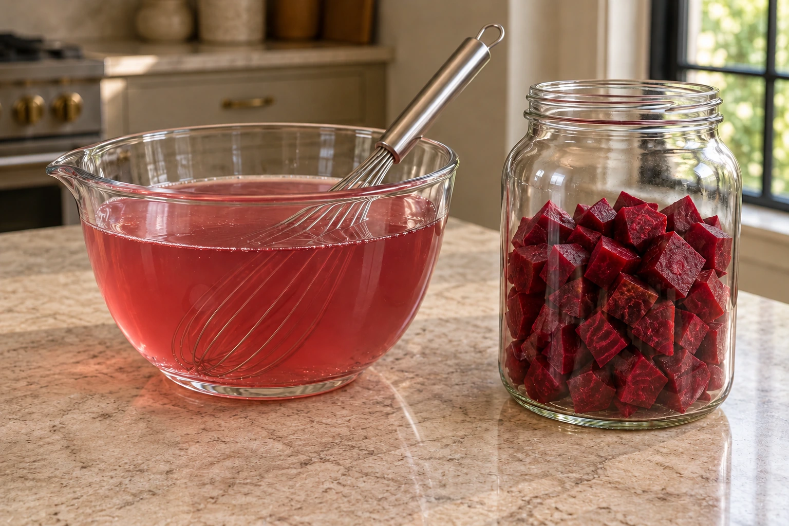 Mineral salt and completed beet kvass whisked into filtered water beside cubed beets