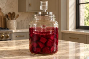 Cubed beets fully submerged under a glass weight in starter-culture beet kvass