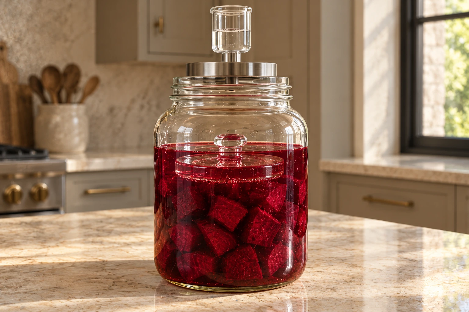 Cubed beets fully submerged under a glass weight in starter-culture beet kvass