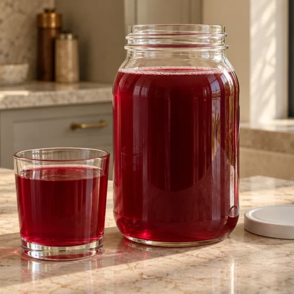 Starter-culture beet kvass in a clear jar and serving glass for Full GAPS