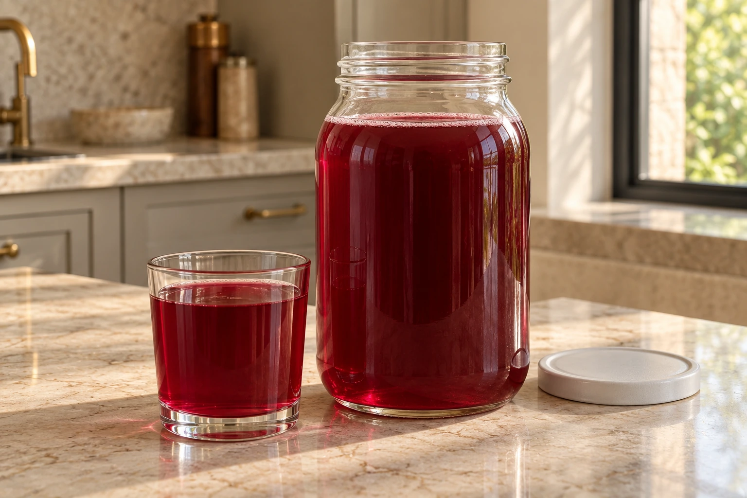 Starter-culture beet kvass in a clear jar and serving glass for Full GAPS