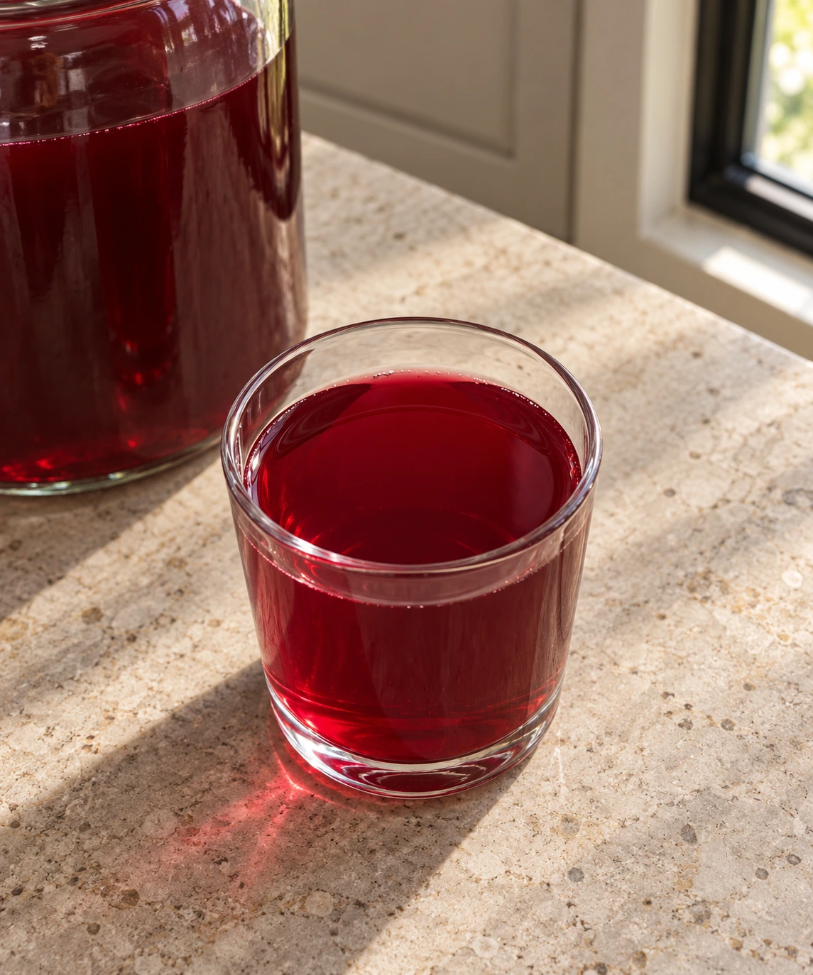 Overhead glass of starter-culture beet kvass