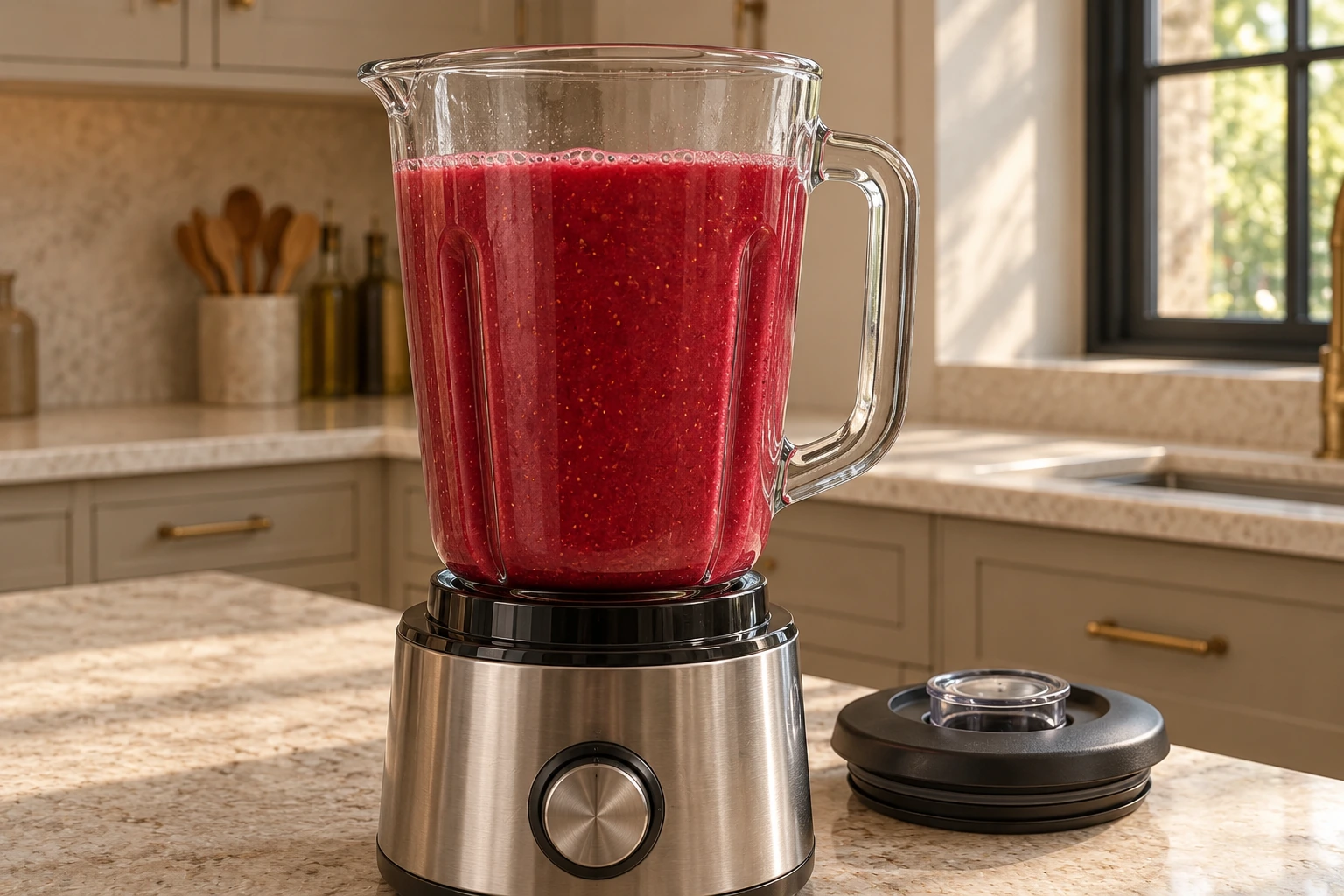 Strawberries blended into strained beet kvass for thirty seconds