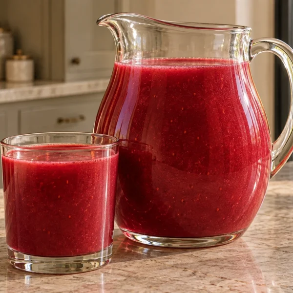 Smooth strawberry beet kvass in a clear pitcher and glass for Full GAPS